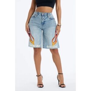Von Dutch Inferno Flame Denim Shorts Light Wash Blue Y2K Bermuda Size 25 NEW